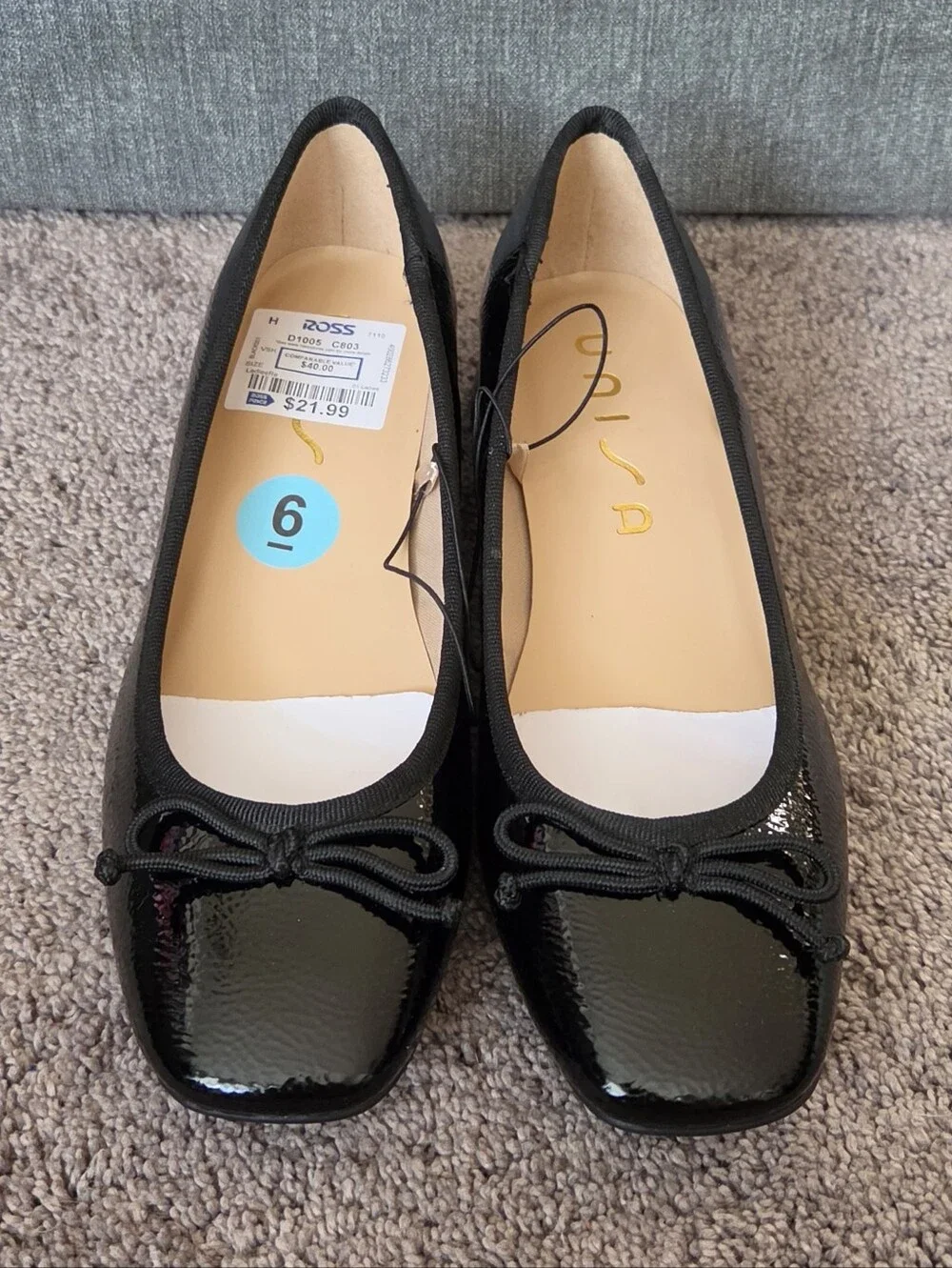 Unisa Black Patent Square-Toe Ballet Flats with Bow Trim